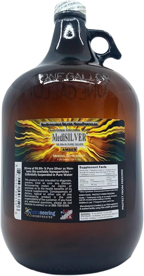 MediSILVER Amber Immunity Booster Traditional True Colloidal Silver AgNP Nutrient - 1 Gallon in Amber Glass Jug