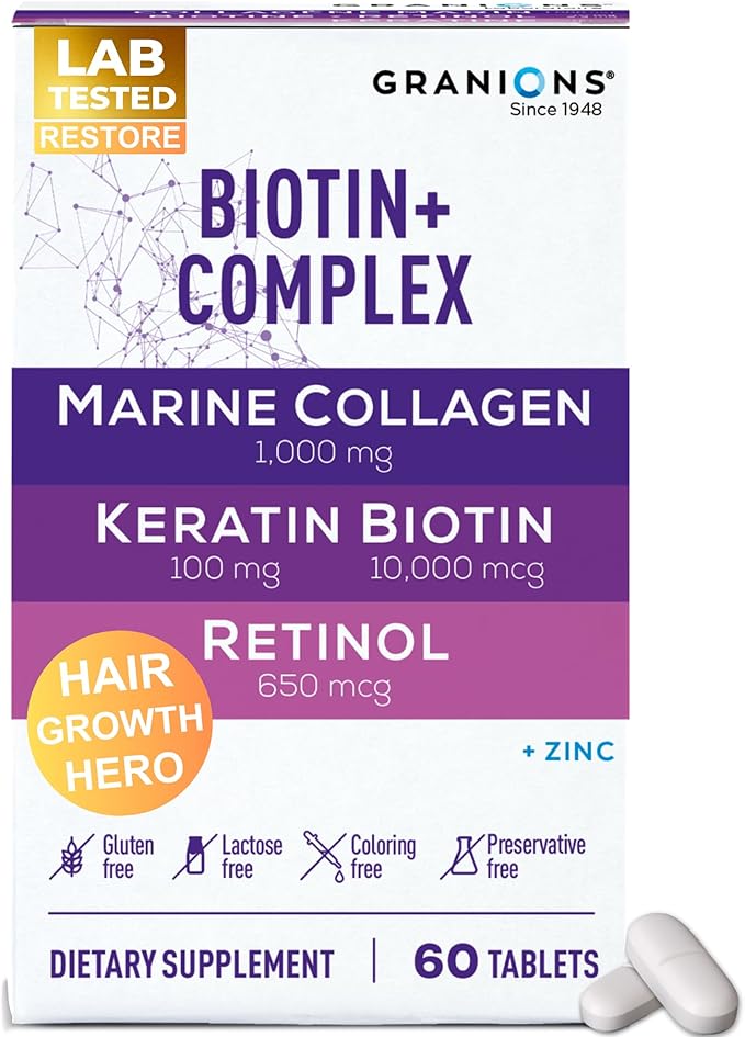 Biotin Collagen Keratin Supplement Hair Growth Tablets – Biotin 10000mcg Marine Collagen Peptides Keratin Retinol Zinc Vitamin B6 - Hair Skin and Nails Complex for Women and Men - 60 Tablets