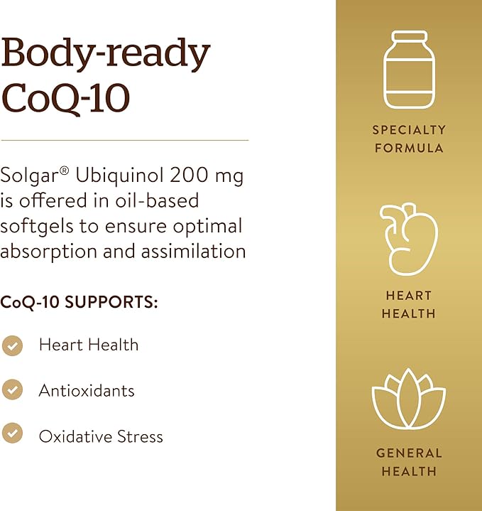 Solgar Ubiquinol 200 mg (Reduced CoQ-10) 30 Softgels - Promotes Heart &amp Brain Function - Supports Healthy Aging - Coenzyme Q10 - Ubiquinone Supplement - Gluten Free Dairy Free - 30 Servings