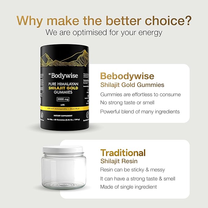 Be Bodywise Pure Himalayan Shilajit Gummies Gold I No Added Sugar I Ashwagandha Gokshura| Fulvic Acid &amp 85+ Trace Minerals I for Men Women I Non-GMO I 100% Natural &amp Organic I 120 Gummy I Po