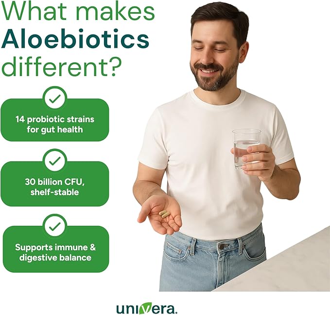 Univera Probiotics Probiotics and Prebiotics 30 Billion CFUs with Organic Aloe Vera -14 Strains Digestive Enzymes for Adults - Vegan AloeBiotics 60ct.