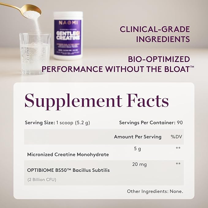NAOMI Gentle GI Creatine with OPTIBIOME® Gut-Friendly Creatine Monohydrate for Muscle Strength Recovery &amp Mental Focus Non-GMO Clean Daily Creatine Supplement for Men &amp Women 90-Day Supp