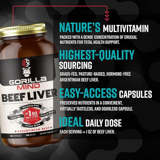 Gorilla Mind Grass-Fed Argentinian Beef Liver - Nature’s Multivitamin/Beef Liver Supplement in Freeze Dried Capsules/Pasture Raised/Hormone Free/1 Oz