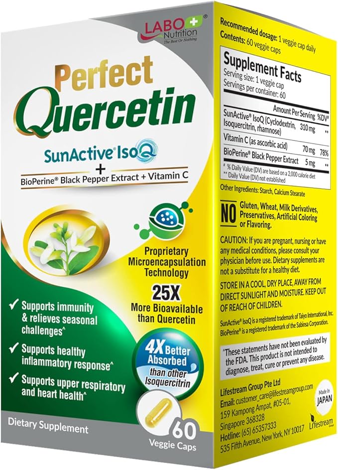 LABO Nutrition Perfect Quercetin SunActive IsoQ Bioflavonoids Vitamin C 25x More Bioavailable for Immune Allergy Sinus Relief and Cardiovascular Support - Healthy Inflammation Response - 60s