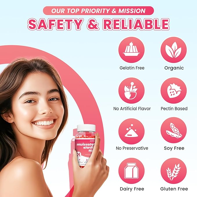 2 Pack Potassium Gummies for Adults Women &amp Men Potassium Citrate Supplement Support Leg Cramps Muscle Health &amp Electrolyte Balance Sugar Free Organic Vegan Strawberry 120 Cts