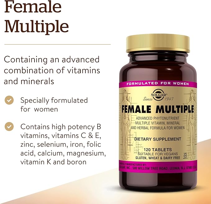 Solgar Female Multiple 120 Tablets - Multivitamin Mineral &amp Herbal Formula for Women - Advanced Phytonutrient - Vegan Gluten Free Dairy Free Kosher - 40 Servings