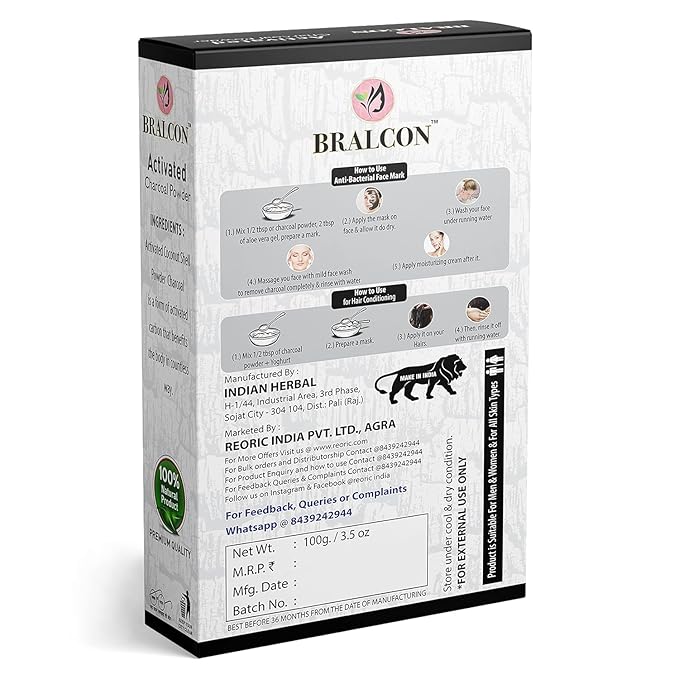 BRA'LCON Activated Charcoal Powder-100g / coconut shell charcoal powder for skin &amp hairs - all skin typesTriple filtered pure &amp natural