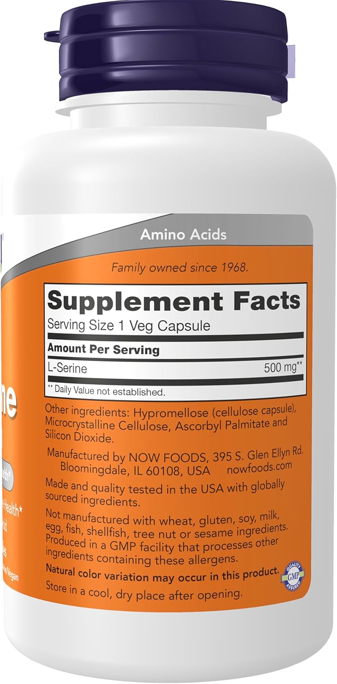 Now Supplements L-Serine 500 mg Nervous System Health* Non-Essential Amino Acid 120 Veg Capsules