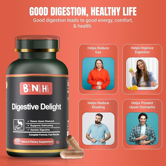 Digestive Delight - Balances Good &amp Bad Bacteria Naturally - Improved Nutrient Absorption - Microbiome - Excessive Gas - Bloating - Abdominal Pain &amp Discomfort - Gut Health - Probiotic Free -