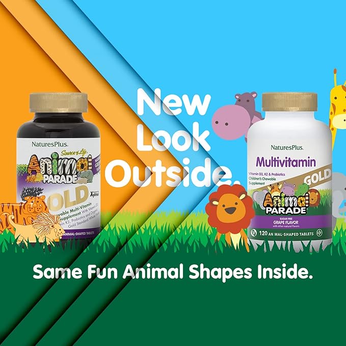 NaturesPlus Animal Parade Gold Children's Multivitamin Grape Flavor - 120 Chewable Animal Shaped Tablets Pack of 2 - Vegan Gluten Free - 120 Servings