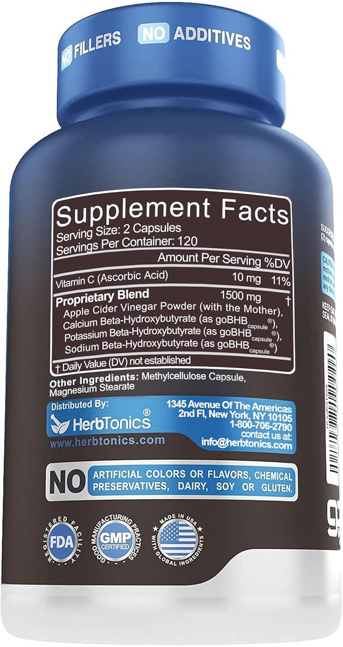 Herbtonics Apple Cider Vinegar + Keto BHB Capsules | GLP-1 Support for Appetite Cravings &amp Weight Management | Metabolism Support with Satiety Support | 240 Capsules - 4 Month Supply