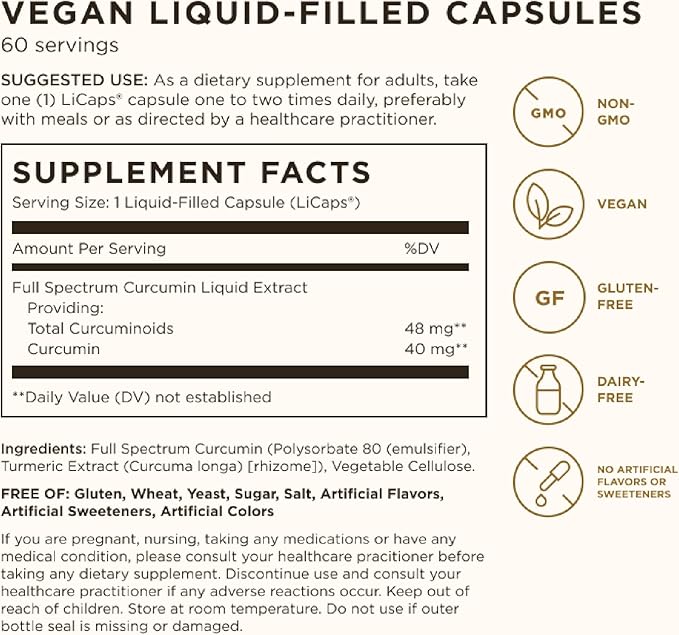 Solgar Full Spectrum Curcumin - 60 LiCaps Pack of 2 - Superior Absorption - Brain Joint &amp Immune Health - Non-GMO Vegan Gluten Free Dairy Free - 120 Total Servings