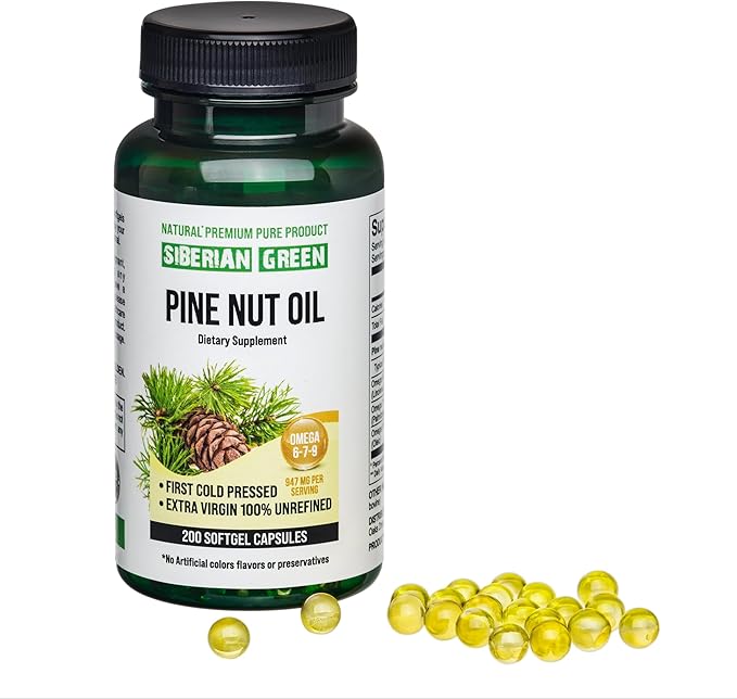 Siberian Green Pine Nut Oil Capsules 200 Softgels Wild Harvested Siberia Altai Cold Pressed Unrefined