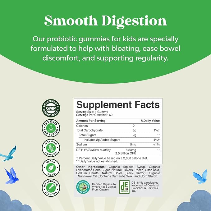USDA Organic Kids Probiotic Gummies - Gut Bacteria Probiotics for Digestive Health &amp Stomach Relief - Gentle 2.5B CFU Kids Immune Support &amp Gut Heath Supplement - Vegan &amp Non-GMO Chews - 6