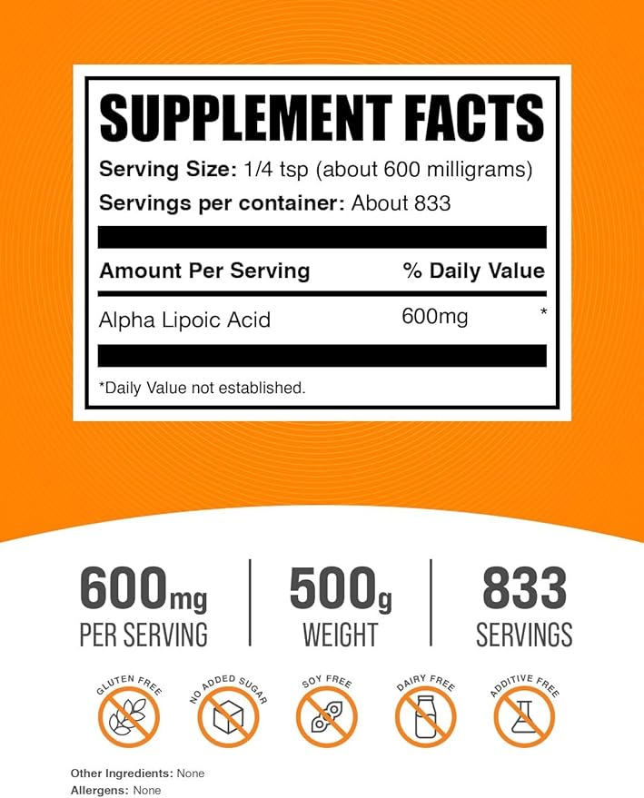 BulkSupplements.com Alpha Lipoic Acid Powder - ALA Supplement Antioxidant Supplement - Gluten Free 600mg per Serving 500g (1.1 lbs) (Pack of 1)