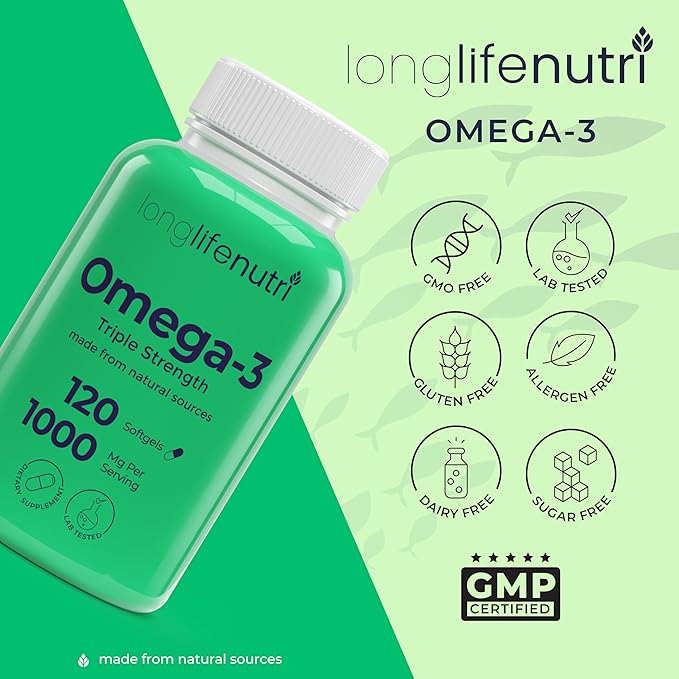 Omega 3 Fish Oil 1000mg - with High EPA &amp DHA 120 Softgels Fatty Acids Supplement for Cognitive Function from Salmon 4-Month Supply GMP Certified Made in USA