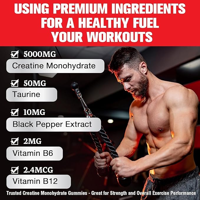 Creatine Monohydrate Gummies for Men &amp Women - Creatine Pre-Workout Gummies with Taurine &amp Vitamin B6 B12 for Maximum Strength Muscle Energy Endurance &amp Focus Organic Vegan-60 Count