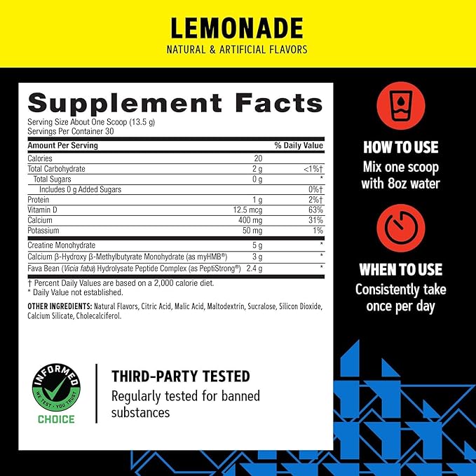 GNC AMP Creabolic - Creatine Monohydrate Powder - High-Potency 5g Creatine with HMB &amp PeptiStrong - Triple Action Muscle Formula - No Added Sugars - Lemonade - 30 Servings