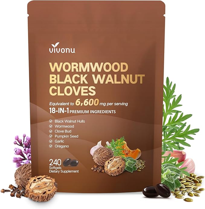 VivoNu Black Walnut Wormwood Clove Capsules Cleanse Detox Intestinal Guard Supplement for Humans 18-in-1 Herbal Blend with Pumpkin Seed Garlic Berberine Cinnamon &amp More 240 Softgels