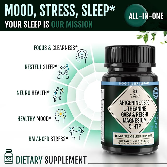 Natural Sleep Aid Supplement for Adults Without Melatonin - Non-Habit Forming Herbal Sleep - GABA L-Theanine Reishi Mushroom Apigenin Magnesium Glycinate 5-HTP - 90 Vegan Capsules