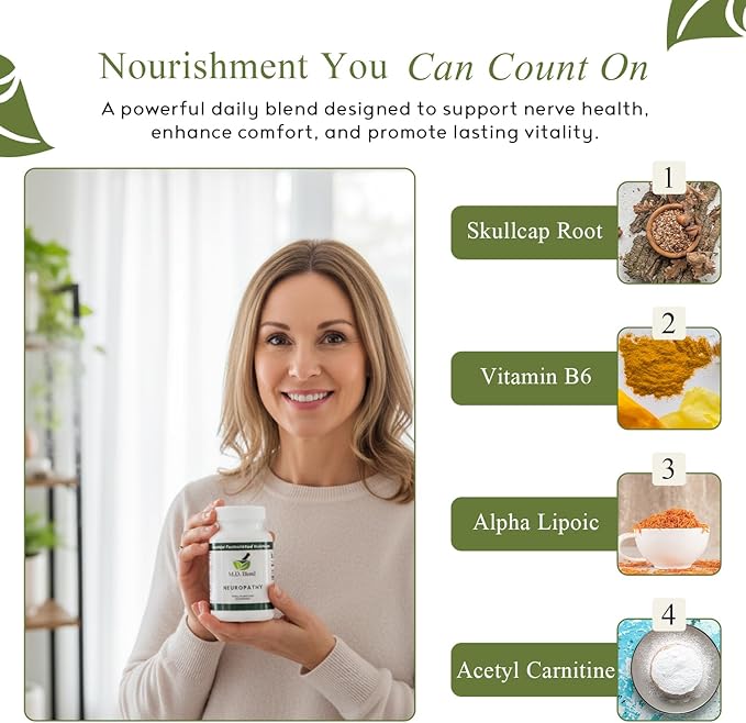 Neuropathy - Natural Blend for Optimal Nerve Pain Relief &amp Wellness Alpha Lipoic Acid L-Carnitine Vitamins B6 &amp B12 Skullcap Root Acetyl L-Carnitine Neuropathy Supplements 30 Capsules (Pa