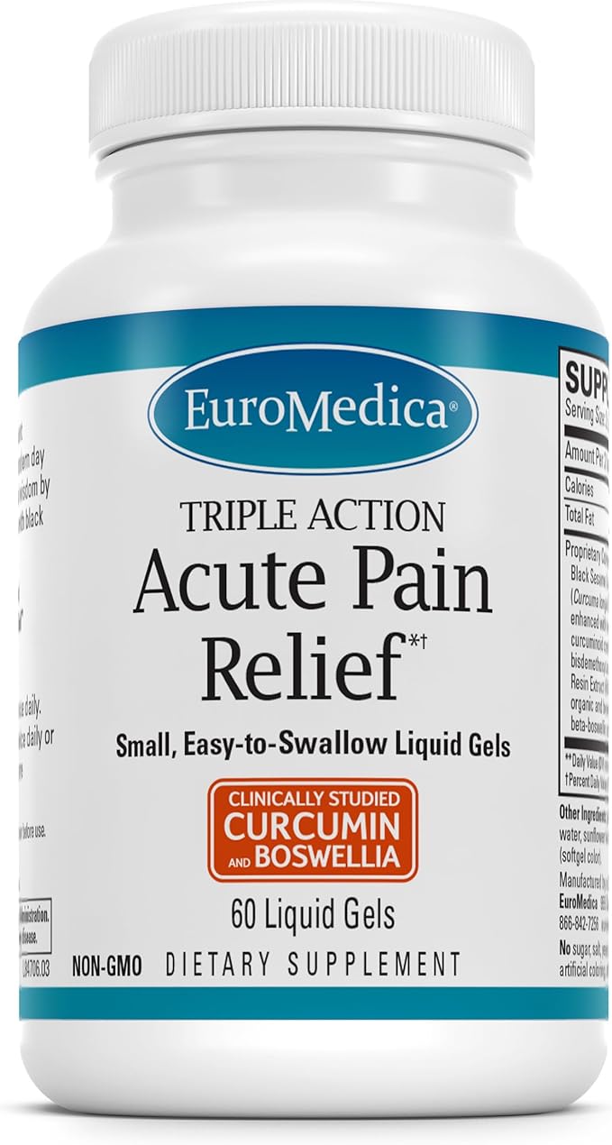 EuroMedica Acute Pain Relief - Dietary Supplement with BCM-95 Curcumin &amp BOS-10 Boswellia - Black Sesame Seed Oil Supplement to Support Relief of Occasional Discomfort - 60 Liquid Gels