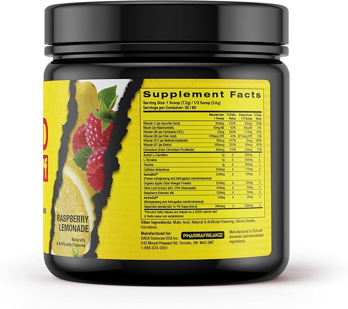 Pharmafreak Ripped Freak Fat Burner Powder – Maximum Strength Thermogenic Formula for Men &amp Women | Energy Focus &amp Weight Loss Support | Raspberry Lemonade | 217g