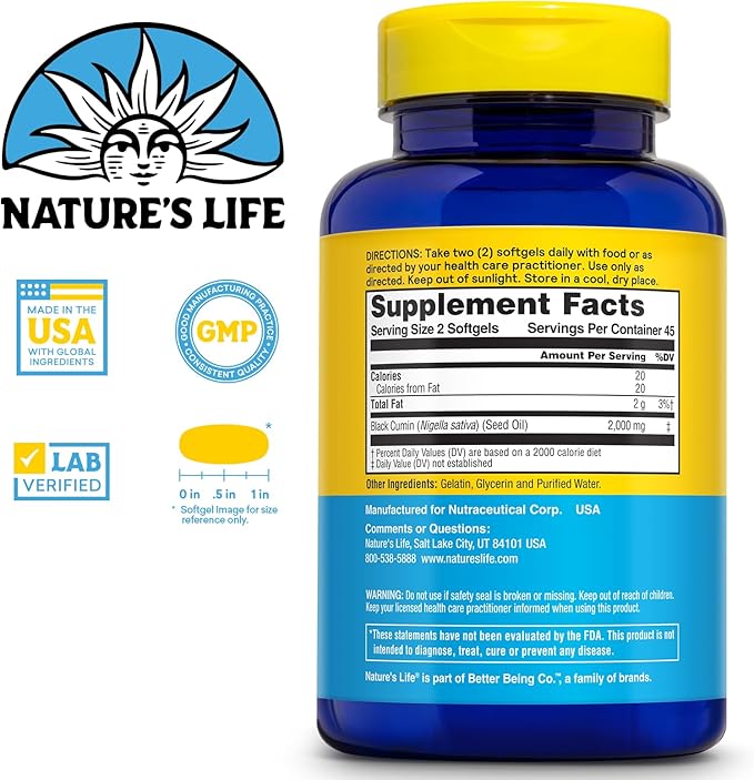 Nature's Life Black Seed Oil 2000mg - Nigella Sativa Oil Cold Pressed from Black Seeds - w/Thymoquinone Omega 6 9 - Joint Support Digestion Immune Support - 60-Day Guarantee 45 Serv 90 Softgels