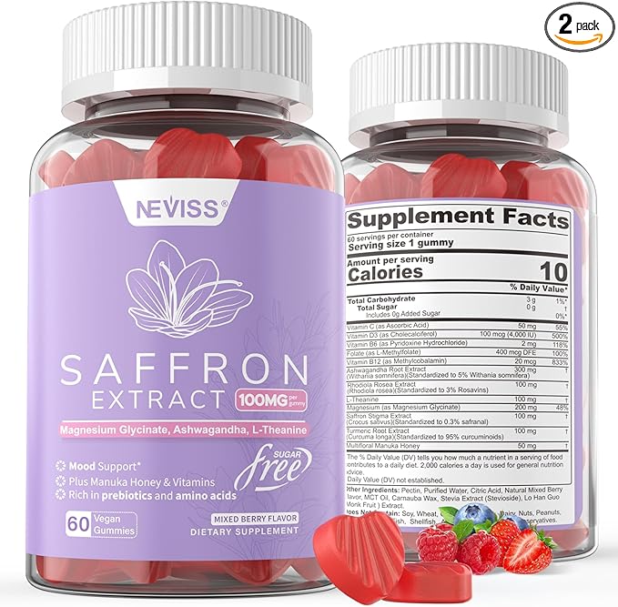 Saffron Supplements Gummies 100mg - 100% Pure Saffron Extract With Magnesium Glycinate L-Theanine Turmeric Ashwagandha Honey &amp Vitamin B Complex for Mood &amp Power Antioxidant Vitality - 1