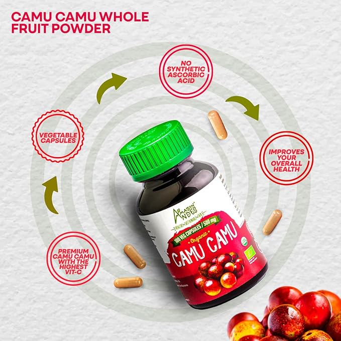 Amazon Andes Camu Camu Capsules 500mg - Pure Vitamin C Origin from Peru - Myrciaria Dubia Berry - 100 Vegetarian Caps - Wild Harvested Amazon Rainforest Superfruit Non-GMO Vegan