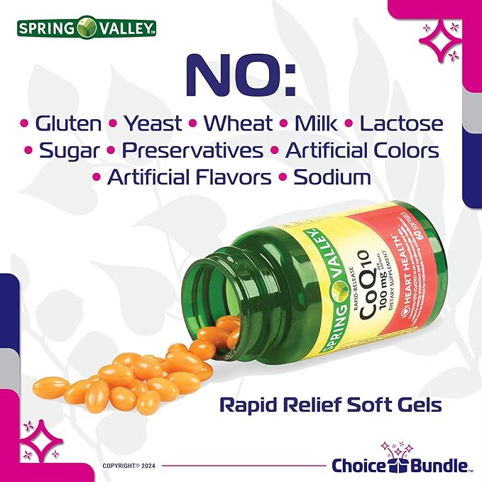 Choice Bundle Spring Valley Rapid-Release CoQ10 Coenzyme Q10 100 mg Softgels 120 Ct 4 pk (480 Total) + Vitamin Guide &amp Pill Container (6 Items)!