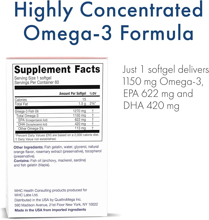 WHC UnoCardio X2 Fish Oil Triglyceride Omega-3 Fatty acids 1270 mg Fish Oil Supplement (622 mg EPA / 420 mg DHA/Total 1150 mg of Omega-3 per Serving) Natural Orange 60 softgels