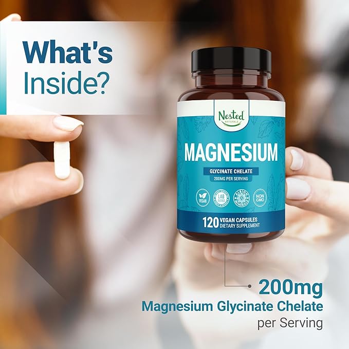 Nested Naturals Magnesium Glycinate Chelate - 200mg Chelated Magnesium Supplement for Muscle Cramps Relaxation &amp Sleep Support - 100% Albion TRACCS Buffered Magnesium Glycinate - 120 Vegan Capsu