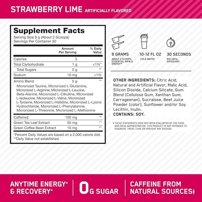 Optimum Nutrition Amino Energy - Pre Workout with Green Tea BCAA Amino Acids Keto Friendly Green Coffee Extract Energy Powder - Strawberry Lime 9.5 Ounce 30 Servings (Packaging May Vary)