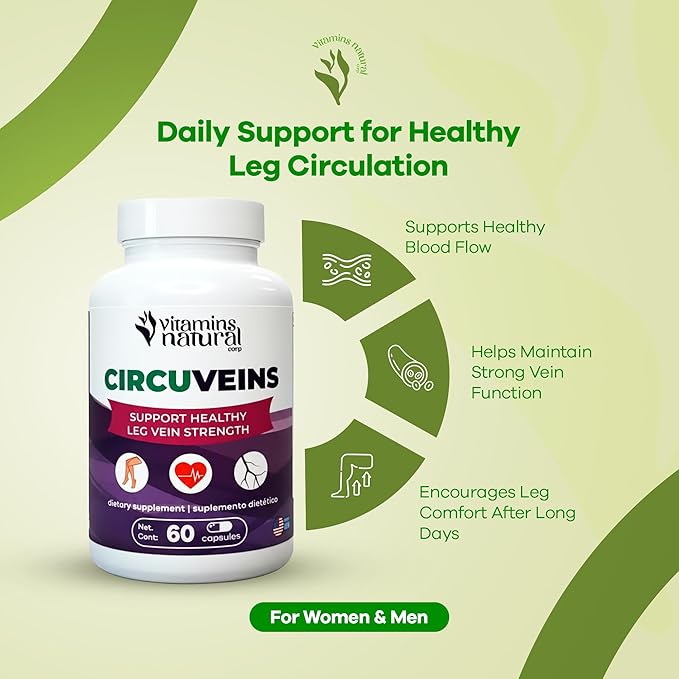 CircuVeins Circulation Support Supplement for Legs and Veins with Horse Chestnut Gotu Kola Butcher’s Broom and Grape Seed for Healthy Blood Flow and Leg Comfort – 60 Capsules