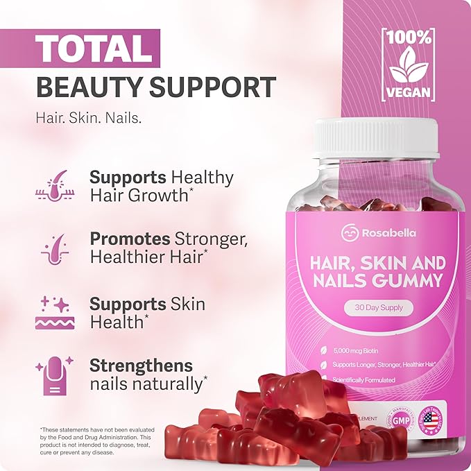 Rosabella Hair Growth Gummies for Women &amp Men – Vegan Hair Gummies with 5000mcg Biotin – Hair Vitamins for Strong Healthy-Looking Hair – Gummy Biotin Supplement (60 Count (Pack of 2))