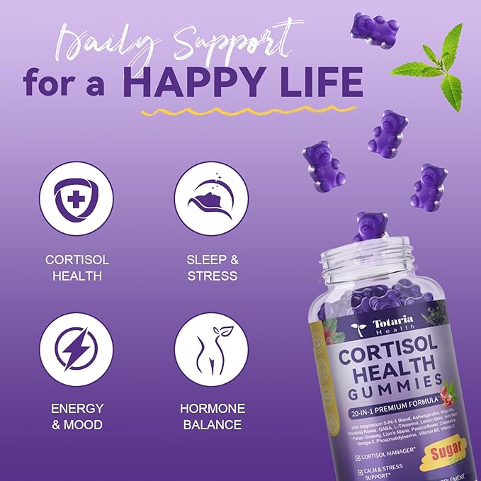 2 Bottles Cortisol Supplements for Women &amp Men 20-in-1 Cortisol Gummies with Ashwagandha Rhodiola Rosea Magnesium Phosphatidylserine Calm Focus Mood Support Healthy Cortisol Levels 30 Day Supply