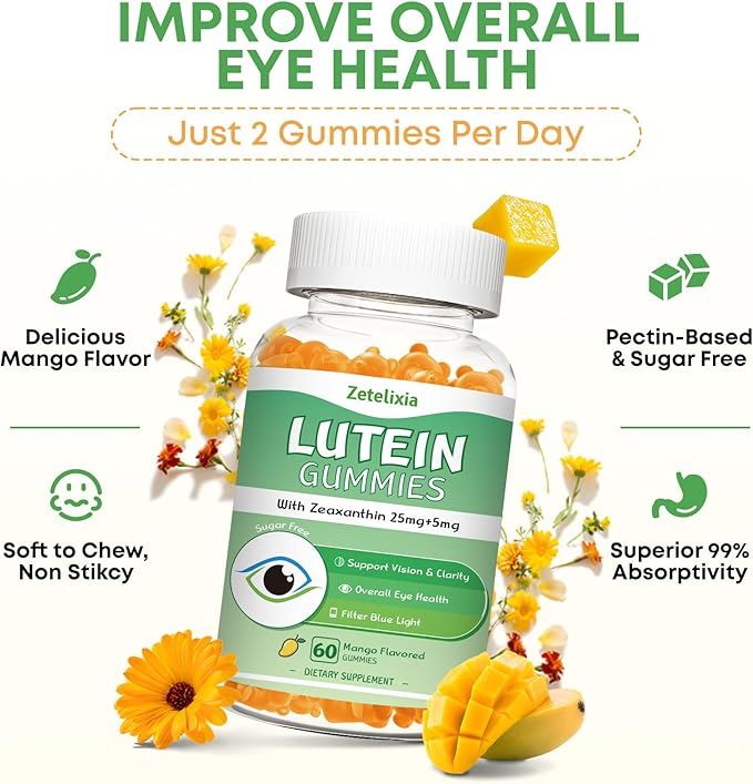 2 Pack Lutein Gummies 25mg Sugar Free Lutein Zeaxanthin Supplements Gummies Eye Health Supplement for Adults Eye Vitamins Lutein for Vision and Blue Light Protection Mango Flavor 120 Count