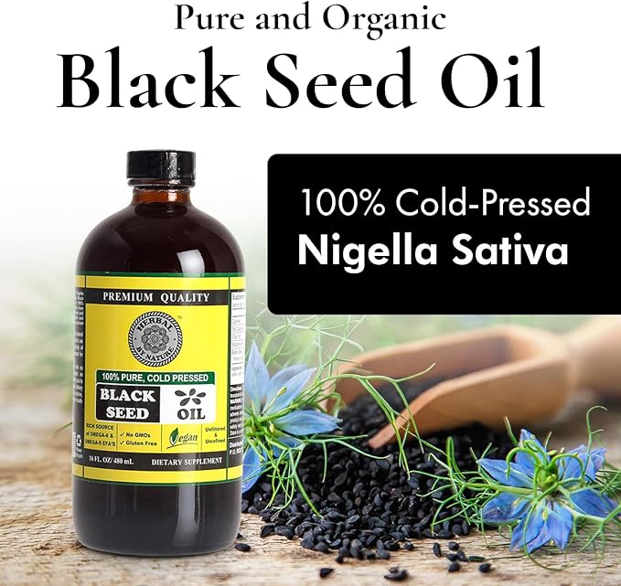 Pure Black Seed Oil - 100% Pure Nigella Sativa - Cold Pressed - Vegan - Non GMO - 16 oz - in Glass Bottle - Herbal by Nature