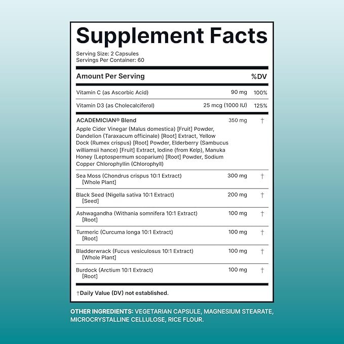 Sea Moss Capsules with Black Seed Oil Burdock Root Capsules Ashwagandha Supplements Bladderwrack Capsule Vitamin C Vitamin D3 Elderberry Manuka Dandelion - 120 Count