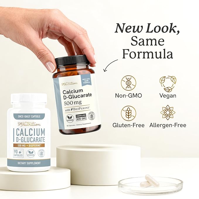 Calcium D-Glucarate | 500mg | CDG for Liver Detox and Cleanse Hormone Balance and Menopause Support | Calcium Supplement | Vegan Non-GMO &amp Third-Party Tested | 90 Capsules (3-Month Supply)