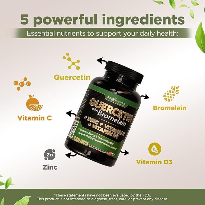 Gade Nutrition Quercetin with Vitamin C and Zinc - Quercetin 500mg - Quercetin with Bromelain - Zinc Quercetin - Quercetin Supplements + Vitamin D3 (Non-GMO Gluten-Free Vegan) - 6 Month Supply