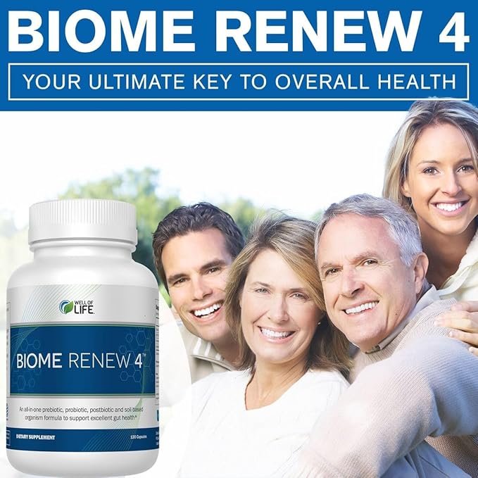 Well of Life Biome Renew 4 - All-in-one Digestive &amp Gut Health Formula - w/Digestive Enzymes Prebiotics &amp Probiotics for Healthy Gut Biome for Men and Women - Supports Gut Lining Gas &amp Bl