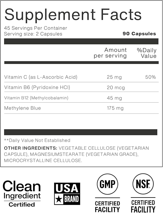 ZAB Methylene Blue Capsules Brain Supplement for Humans with Vitamin C &amp B Complex Blue Methylene 10 mg per Capsules Memory Clarity &amp Cognitive Support USP Grade Supplement