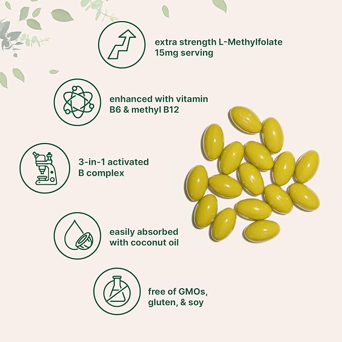 Micro Ingredients L Methylfolate 15mg 240 Softgels | Active 5-MTHF with B6 &amp Methyl B12 | Methylated Vitamin B9 with Coconut Oil