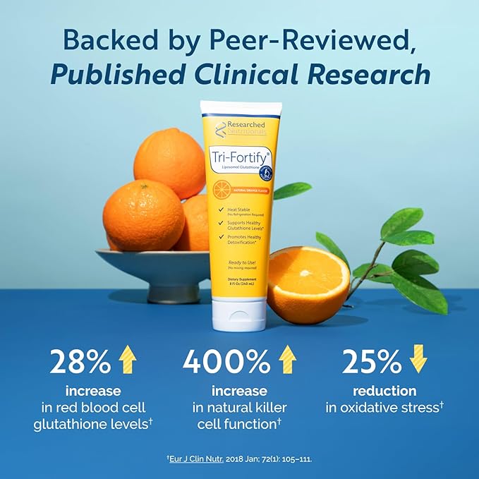 Researched Nutritonals Tri-Fortify Liposomal Glutathione Supplement Liquid Gel - Clinically Researched Detox &amp Immune System Support Antioxidant - Superior Absorption - Natural Orange 8 Fl Oz