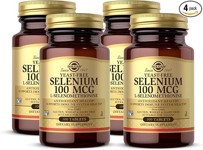 Solgar Yeast-Free Selenium 100 mcg - 100 Tablets Pack of 4 - Supports Antioxidant &amp Immune System Health - Non-GMO Gluten Free Dairy Free Kosher - 400 Total Servings