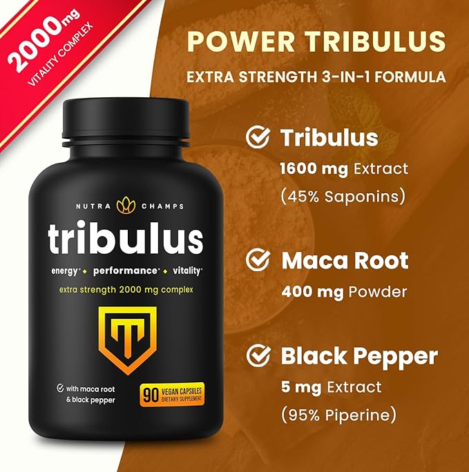 NutraChamps Tribulus Terrestris for Men 2000mg Supplement Booster for Energy Vitality Stamina &amp Performance Extra Strength Saponins 90 Vegan Capsules