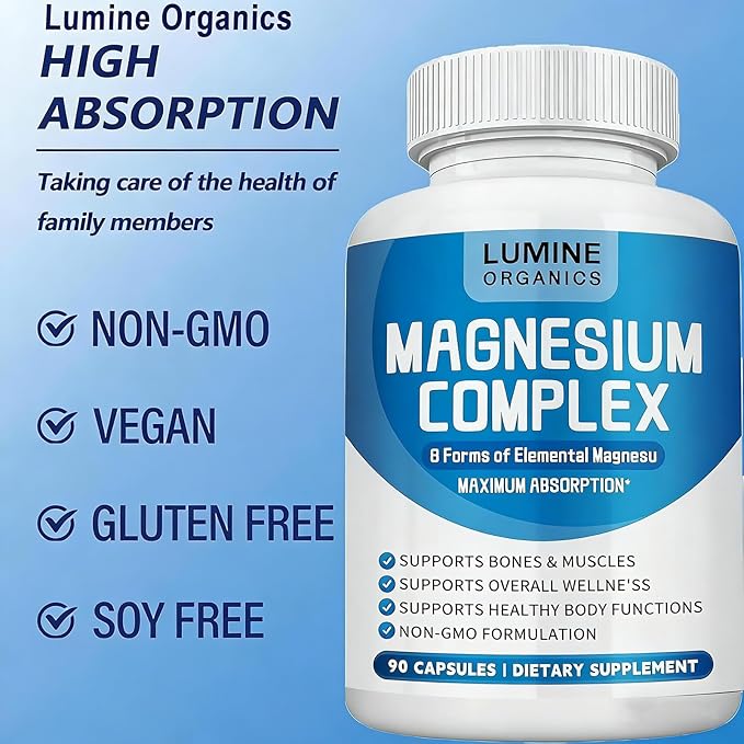1PCSLumine Organics Magnesium Complex Magnesium Complex for Women Supplement 1000mg - Advanced 8-in-1 Magnesium Blend - GlycinateCitrateMalateTaurate90 Capsules (1)