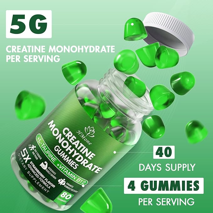 Creatine Monohydrate Gummies - 5g for Men &amp Women 160 Count and Creatine Chewable Supplements for Muscle Gain Muscle Strength Green Apple Flaavor